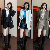 Turn Collar Design Shirt Short Leather Pants Three Sets 2021 Spring Autumn Faststyle Heben Wind Light Lavish Little West Suit Jacket Woman