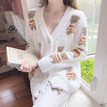 Day Faculty Soft Mian Sleeping Woman Autumn Winter Coral Suede Thickening Cute Little Bear White Cardiovert Wool home clothes