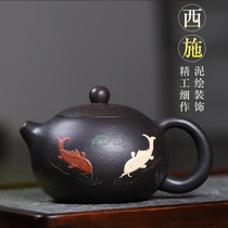  Yixing authentic purple sand pot Pure handmade black gold sand Xishi pot Tea pot Household set tea set