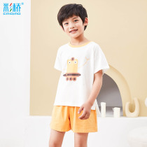 Childrens pajamas boys short-sleeved cotton summer thin boys 12-15 years old middle and big children summer home suit suit