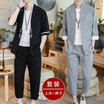 Summer Chinese style mens linen short sleeve suit ancient Chinese coat cotton linen retro style Han clothing youth Tang suit tide