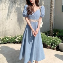 2021 spring and summer new summer French court style retro puff sleeve dress waist thin hollow skirt