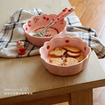 Meiji Mi Amuji & Not Two Home-Sweet Light Pink Strawberry Floral Side Ceramic Round Bowl breakfast cereal Cereal Fruit Small Bowl