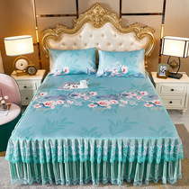 Bed skirt type ice silk mat three-piece set 1 5 meters washable folding 1 8m pastoral lace summer air conditioning soft mat