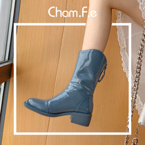 Blue patent leather boots womens middle heel round head Knights boots autumn and winter 2021 French back zipper rough heel womens boots 934E