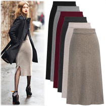 Large size fat mm wool knitted skirt women Spring and Autumn long slim one step split hip dress 200kg
