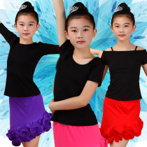 Childrens womens girlsLatin dance suit blouses workwear single piece black harness short sleeve dance suit Summer summer