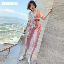 miuco Print Scarf Fake Two Piece Casual Shirt Casual Pants Set Women 2022 (in stock)