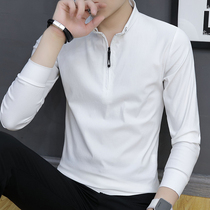 Fugui bird white long sleeve T-shirt mens zipper cotton thin autumn top trend lapel casual polo shirt