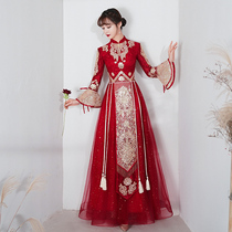 Chinese toast service bride 2021 new autumn winter wine red wedding dress dress long performance return to the door