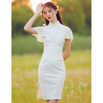 Cheongsam 2021 new female summer young tea break French lace short modified version dress little man