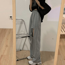 Fat sister mm size womens clothing 2021 new summer loose hip big legs thick womens pants broken hole wide leg pants thin