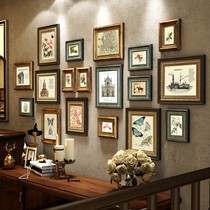 Solid wood photo wall Deer decoration Living room American photo frame wall Retro European free punch stairs Photo wall combination painting