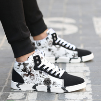 Tide brand 2021 autumn new mens shoes fashion personality high-top casual shoes Chinese style printed breathable canvas shoes