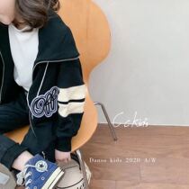 Korean childrens clothing mens and womens large lapel pullover black jacket Autumn new childrens fashion letter zipper sweater