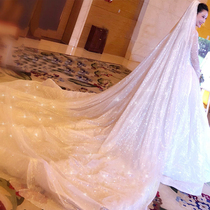 The veil bride female tremble Super Flash headgear Super Xiansen wedding wedding dress photo props champagne color super long tail tail
