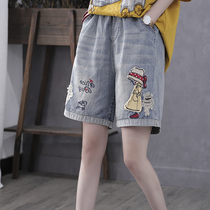 Han Suoyi retro literary summer thin jeans shorts womens pants high waist ins tide cloth embroidered flower five-point pants