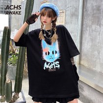 ACHS AWAKE spray paint graffiti cat short sleeve national tide summer loose casual couple trend T-shirt