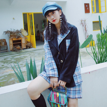 Huang Niuniu students original homemade Scotland on the bagpipe Plaid patchwork corduroy retro blazer