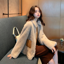 SANDRO mossoloni lamb wool jacket female loose with large horn-buttoned coat fur integrated thickened