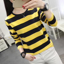 Semi-turtleneck base shirt Womens extra large fat plus size fat loose clothes Long-sleeved cotton striped t-shirt breathable 