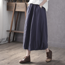 Han Suoyi retro art spring and summer new high waist straight cotton linen skirt women's long solid color skirt