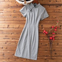 Cotton linen improved temperament cheongsam dress short retro plaid students literary young girl