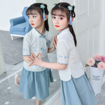 Girls Tang suit 2021 primary school students Republic of China style girl performance costume chorus costume autumn new cheap cotton and linen skirt