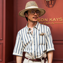 SOARIN American Retro Striped Short Sleeve Shirt Male Ammy Click Yuppie Casual Workout 70% Sleeve Shirt