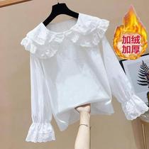 Autumn and winter plus velvet inside with female cute big children 10-12-15 years old student doll collar white long sleeve base shirt