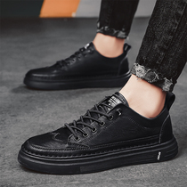 Mens shoes Fall 2021 new Korean version trendboard shoes men 100 hitch Casual Waterproof Leather Face Thin black Tide Shoes