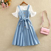 Women's dress two-piece summer 2021 new fairy dress denim dress children's strap set