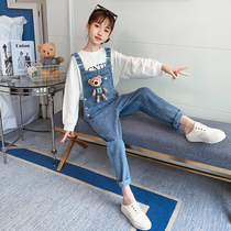 Girls Autumn Denim Strap Pants Set 2021 New style Chinese Childrens Dress Loose Sling Long Pants Tide