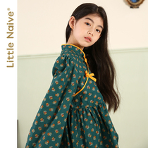 LittleNaive small innocent autumn girl long sleeve floral dress little girl retro Chinese cheongsam