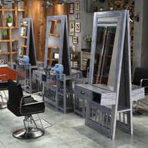 Barber shop mirror table solid wood retro single-sided floor-to-ceiling mirror Hair and beauty salon hot dyeing double-sided mirror special