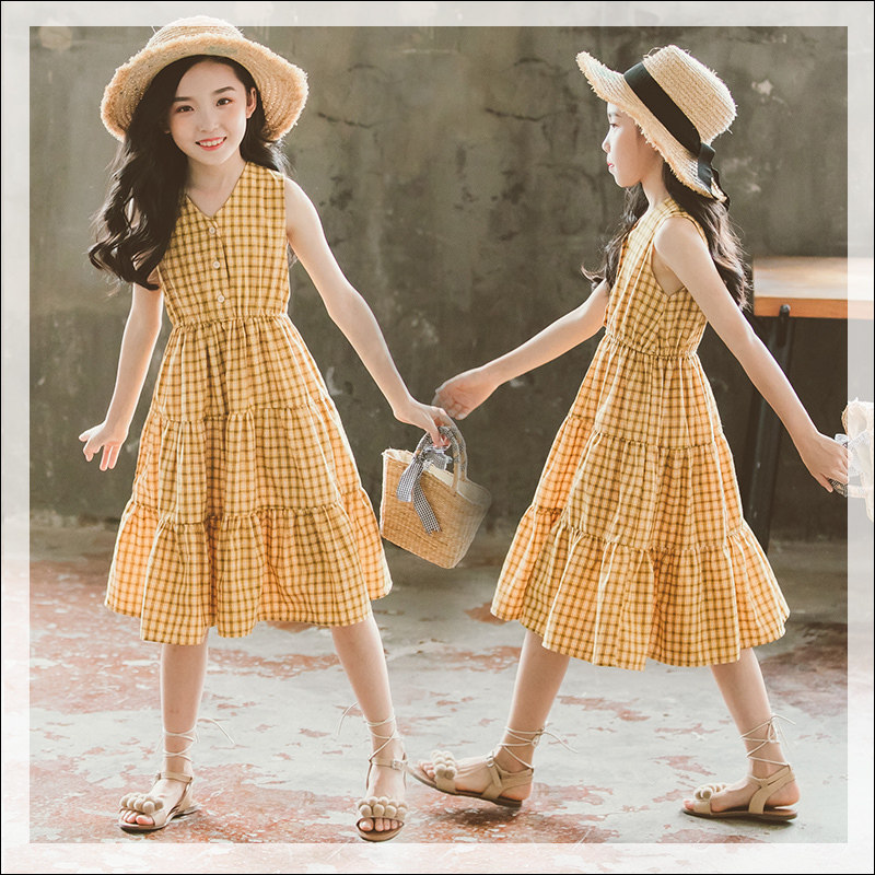 British Next Like Girl Vest Skirt Summer Clothing Children's Plaid Cotton Linen 100 Plexen Princess Even Body Dress
