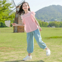 Online red girls summer clothing suit 2022 new children CUHK child summer thin foreign air girl snowspun two sets