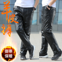 Leather pants leather mens warm autumn and winter head sheepskin enlarged pants mens locomotive windproof outdoor high waist