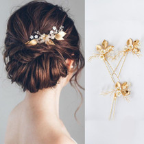 Bride headdress hair Fork hair comb European simple temperament smart gold leaf rhinestone imitation shell flower embellishment retro hair accessories