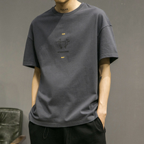 T-shirt mens summer new cotton Japanese printed Half sleeve solid color size loose fashion versatile short sleeve top