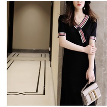  ROUJE POWER BLACK charming Hepburn style elegant contrast small straight tube with silk knitted dress female