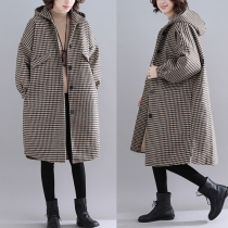 Plaid woolen coat womens 2020 new winter loose size long thin hooded thick warm coat