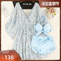 Swimsuit womens 2021 new super fairy conservative net red split three-piece set of long-sleeved thin belly bathing swimsuit