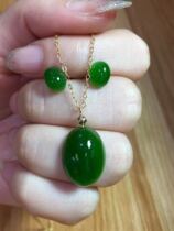 Natural Hetian Jasper Egg Noodle Set 14k gold inlaid oval pendant Clavicle chain necklace small earrings