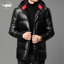 Crocodile winter bright face leather down jacket men long Korean trend handsome men thick warm hooded jacket