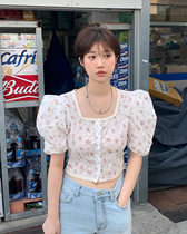 aplz Korea 20 early summer new sweet and small crummy floral square ruffled with navel single-row buttoned shirt