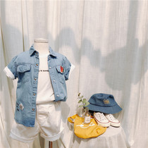 New boutique childrens clothing summer new soft denim blue watermelon shirt button patch thin cotton breathable