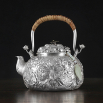 Chengyi silver kettle Zhang Jia Song full garden peony jade drop beam pot carved sterling silver kettle