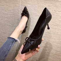 French girl high heels female heel 2019 autumn new Joker fairy wind bow two wear black shoes