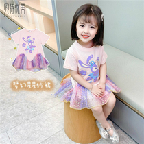 Childrens wear girl dress summer short sleeve Korean version of foreign style cartoon star wearing Road purple mesh fishtail princess skirt